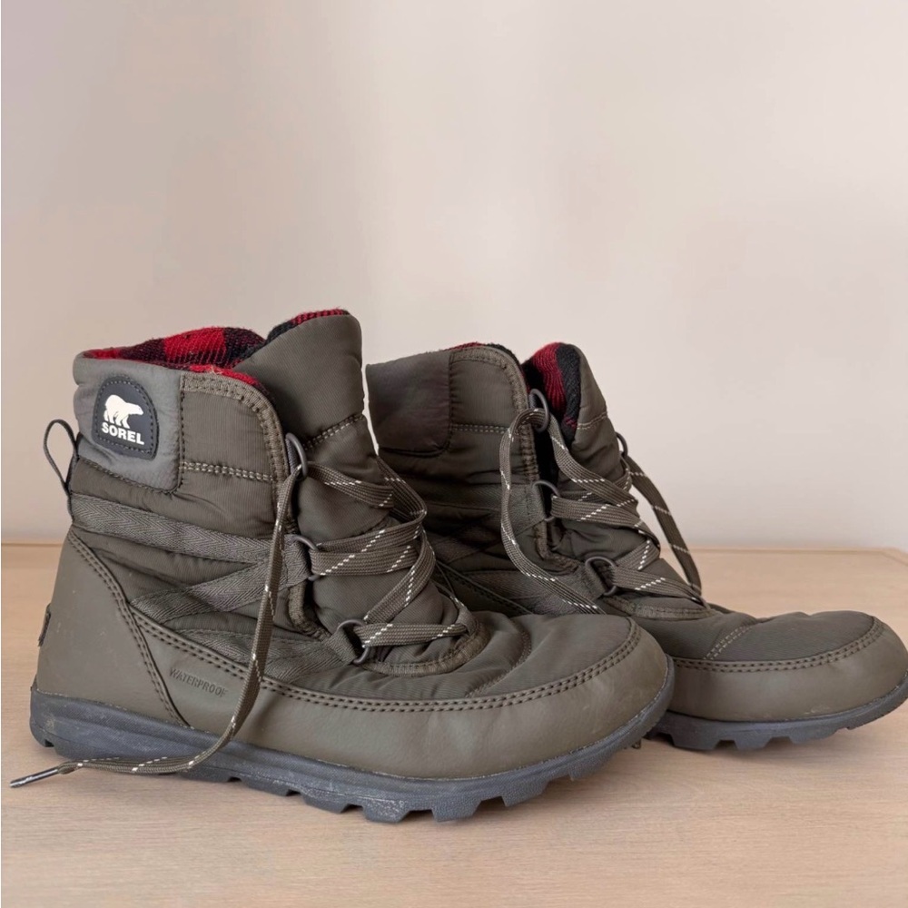 Sorel Olive Green and Red Plaid Women's Ankle Boots
